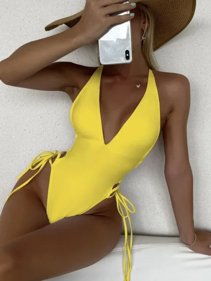Fashion Deep V Neck One Piece Swimsuit Women