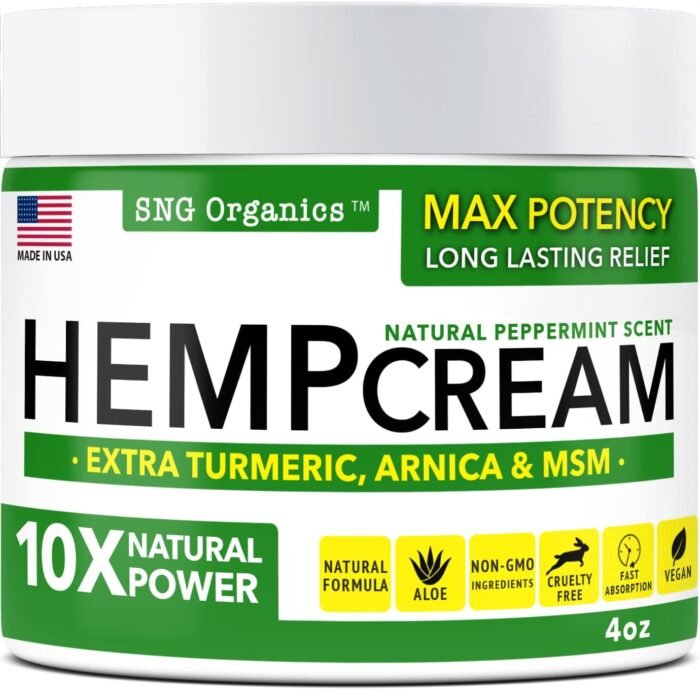 Super Natural Goods Hemp Cream (4oz) Hemp Oil & Arnica Cream - Joint Muscle Shoulder Hip Neck Knee & Back - Made in USA - Turmeric Menthol Rub