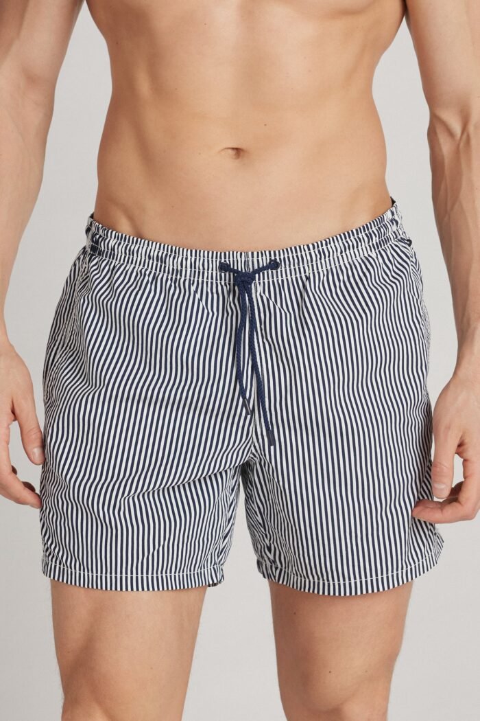 Blue Stripe Print Swim Trunks