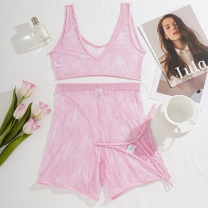 High-quality pink lace see-through casual vest shorts body sculpting sexy three-piece set