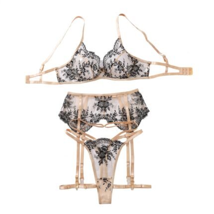 Women's clothing embroidery heavy craftsmanship ultra-thin mesh see-through sexy bra set